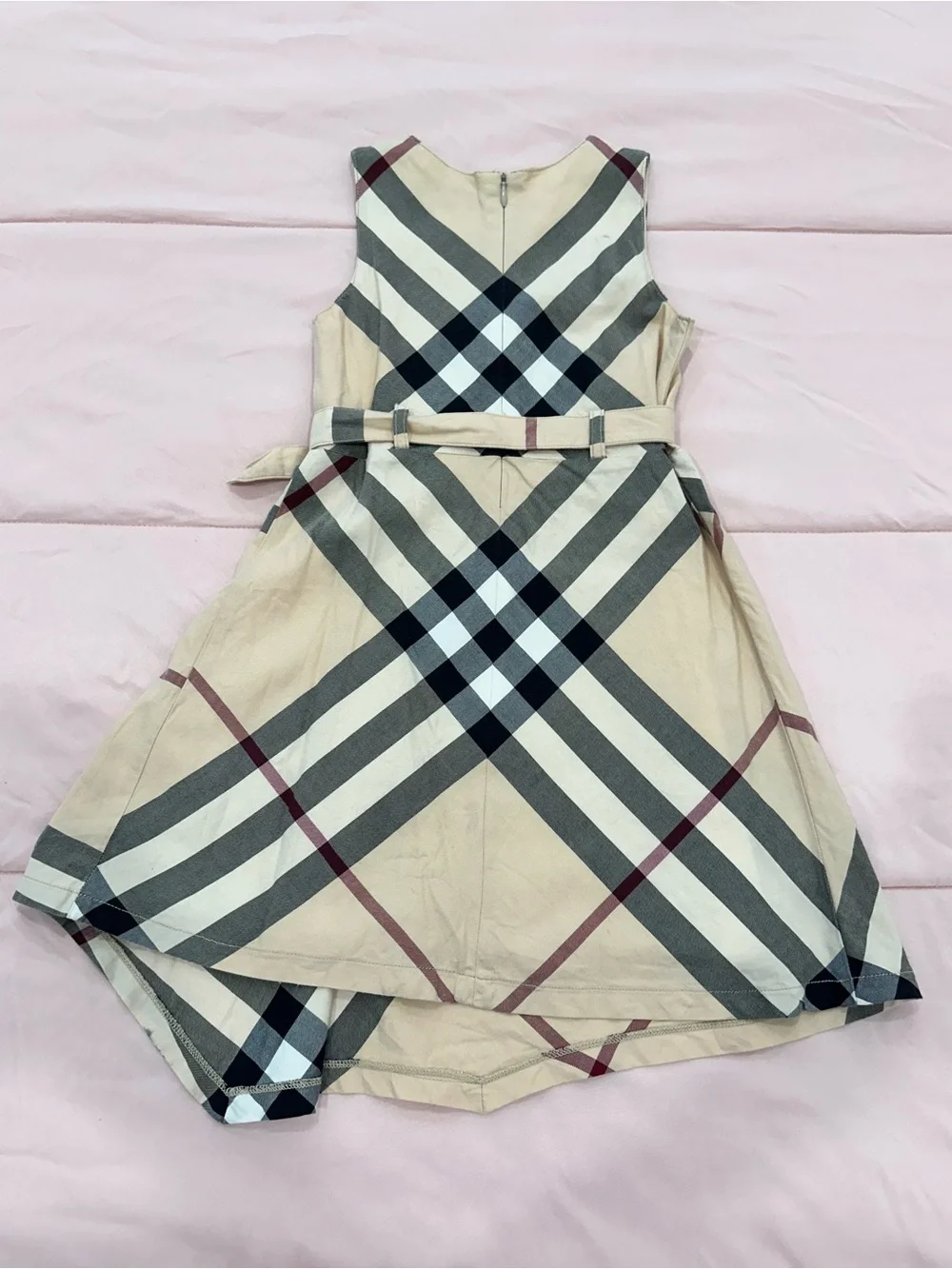 Burberry Beige Plaid Belted Girls' Dress with Black and Burgundy Accents